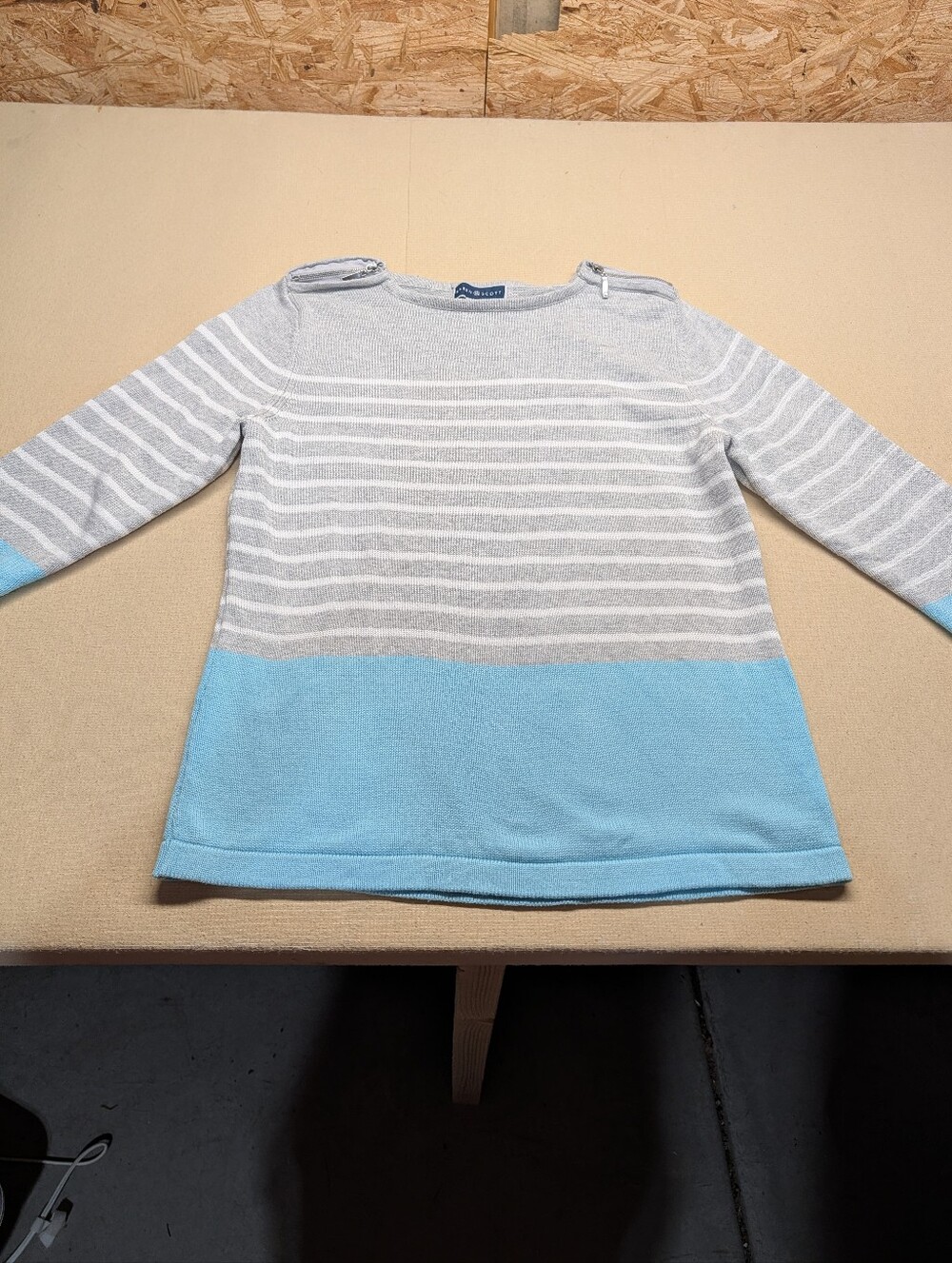 Karen Scott Women's Size L Light Blue and Gray Striped Women’s Sweater With Zip